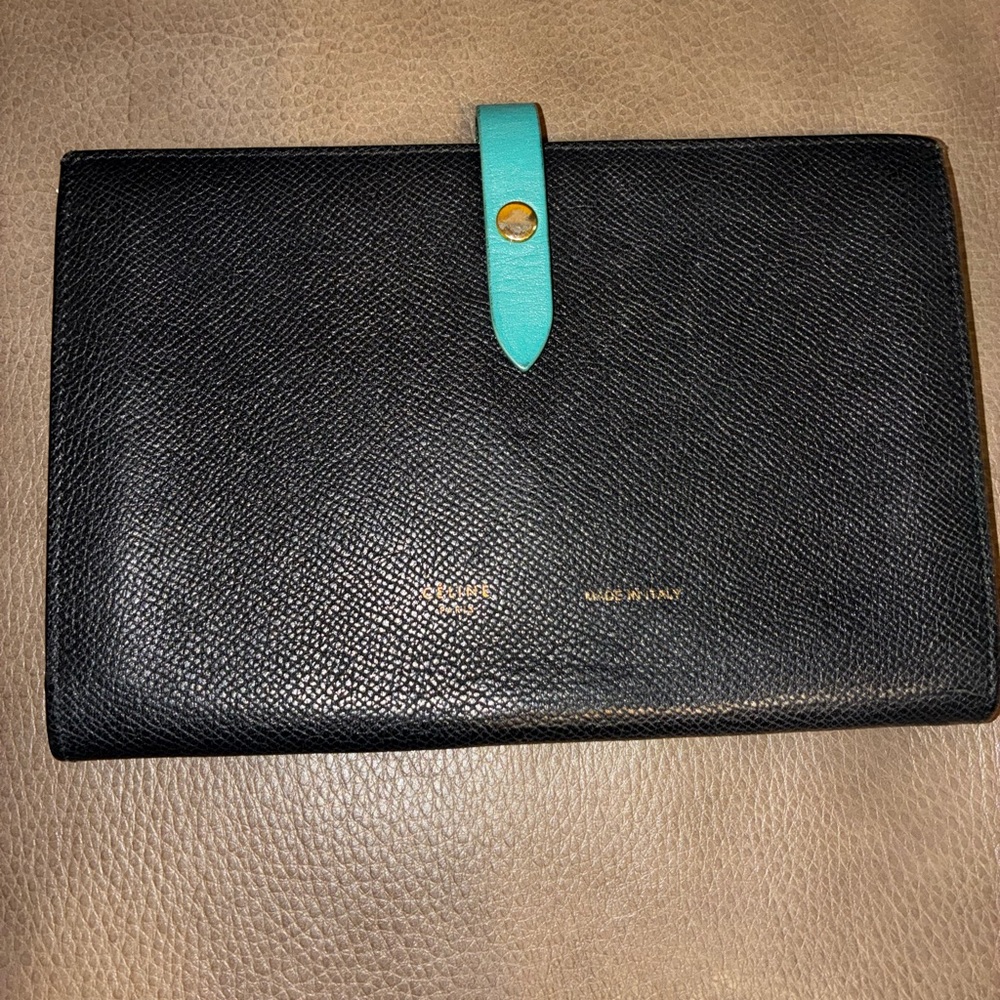 Celine Black Leather Wallet with Turquoise Strap
